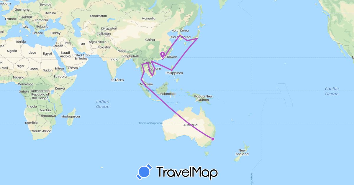 TravelMap itinerary: driving, train in Australia, China, Japan, Cambodia, South Korea, Laos, Malaysia, Philippines, Singapore, Thailand, Vietnam (Asia, Oceania)